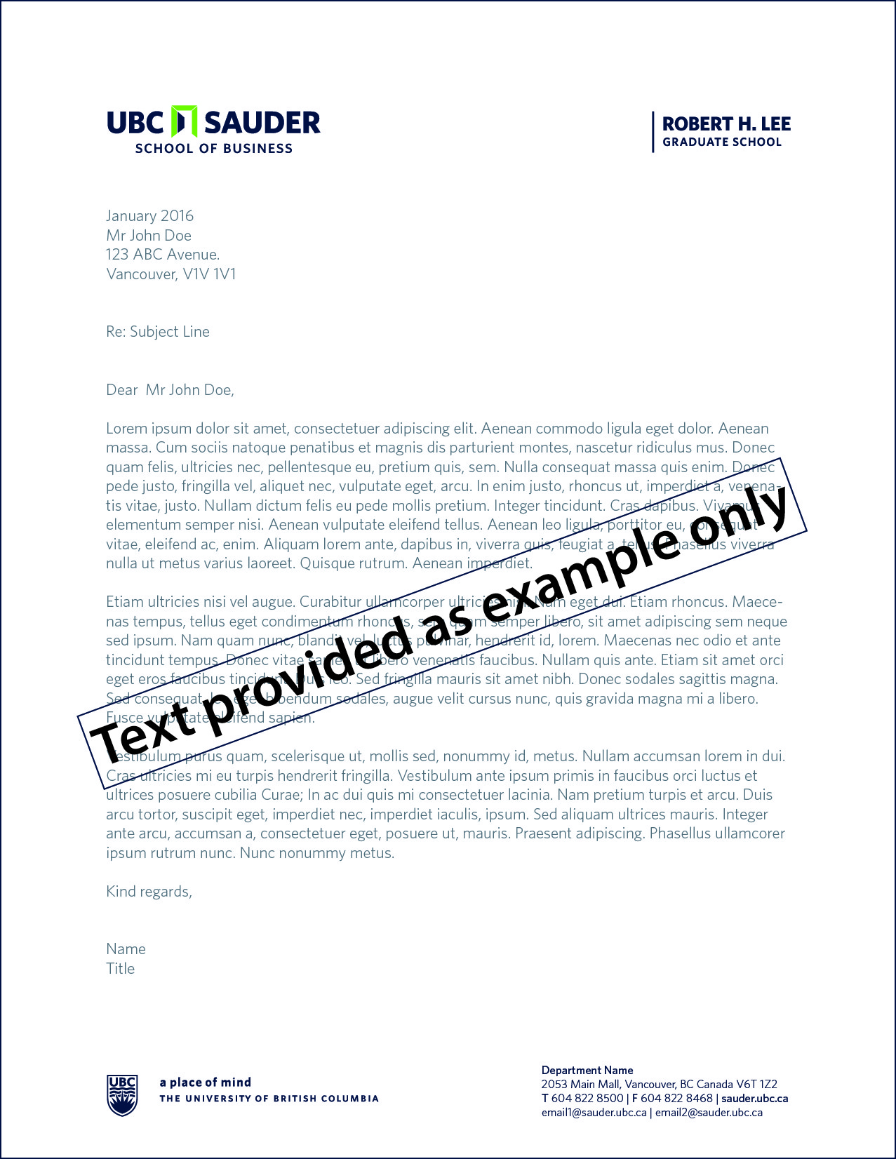 RHL letterhead example with text